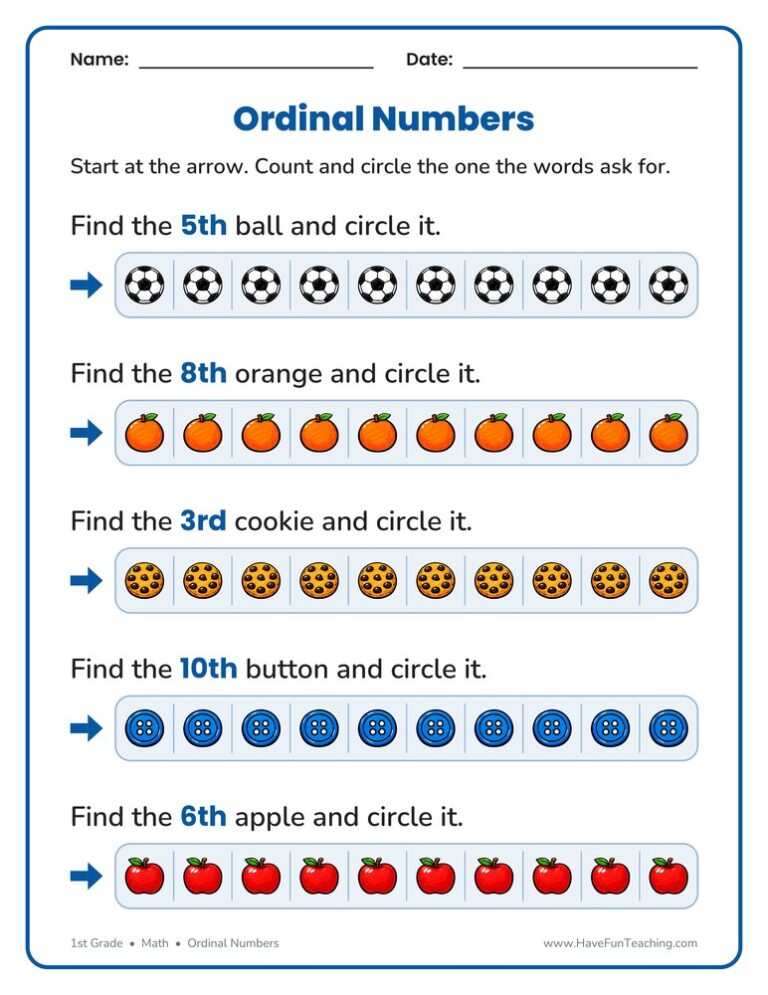 Circling Ordinal Numbers Worksheet