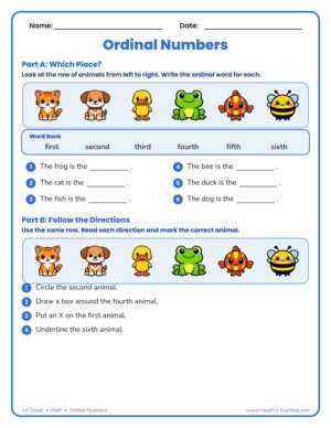 Ordinal number directions worksheet for first grade with a row of animals to name ordinal positions first through sixth