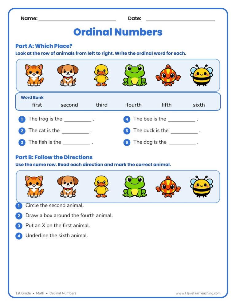 Ordinal Number Directions Worksheet