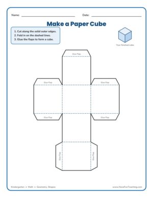 Paper cube template worksheet with a cube net, dashed fold lines, and glue flaps to cut, fold, and build a 3D cube.