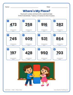 2nd grade place value worksheet identifying hundreds, tens, and ones