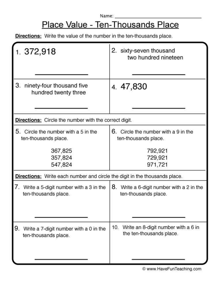 Ten Thousands Place Value Worksheet