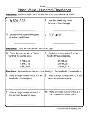 Hundred Thousands Place Value Worksheet
