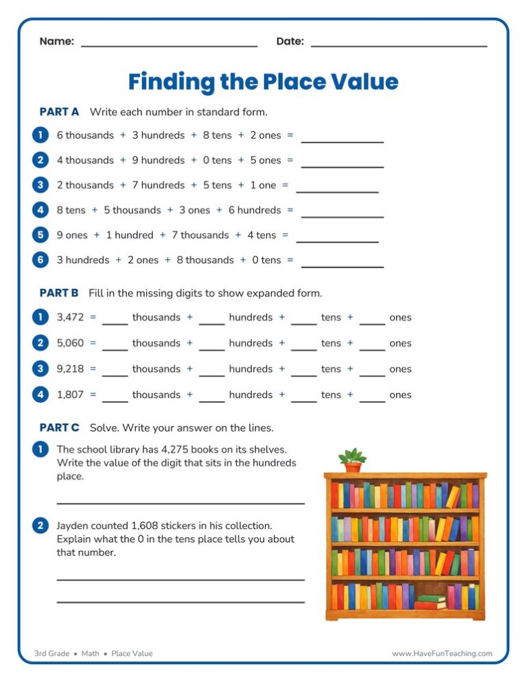 Place Value Thousands, Hundreds, Tens, Ones Worksheet