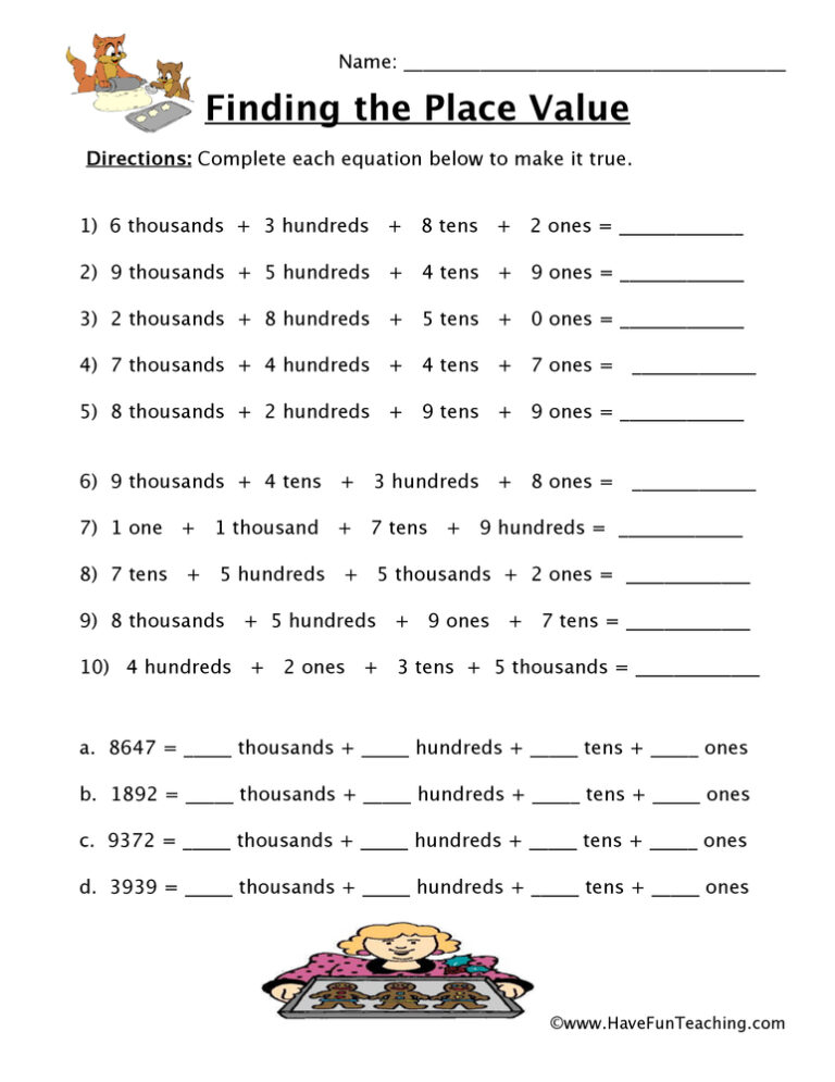 Place Value Thousands, Hundreds, Tens, Ones Worksheet