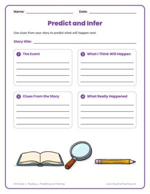 3rd grade predict and infer graphic organizer with event, prediction, clues and outcome boxes