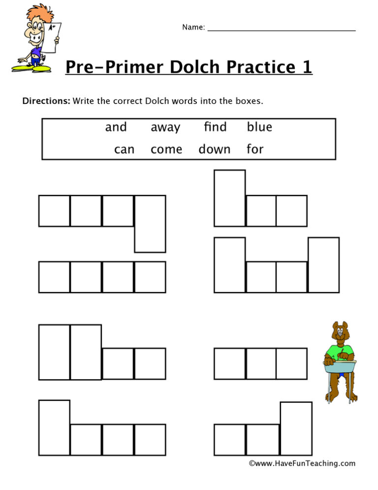 Pre-Primer Sight Words A to F Worksheet