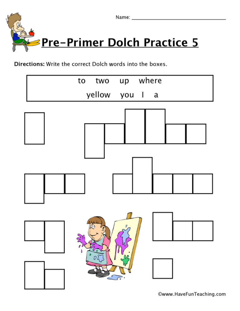 Pre-Primer Sight Words T to Y Worksheet