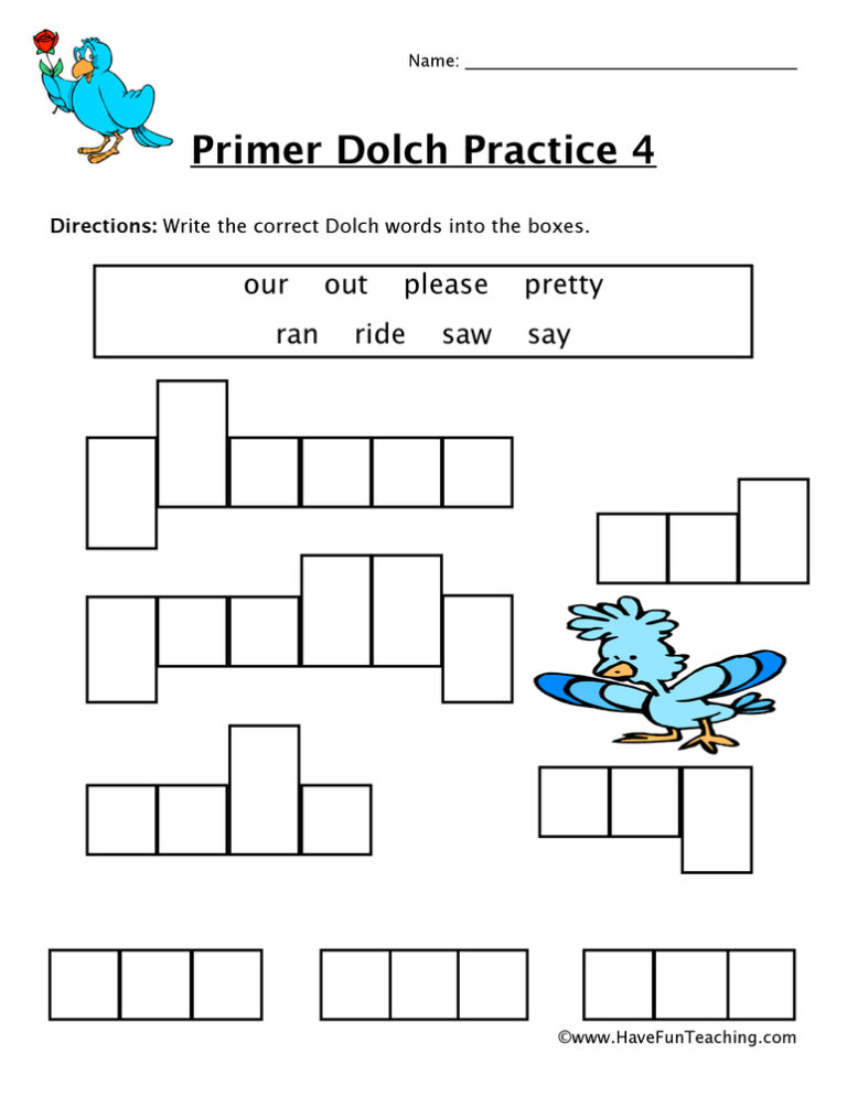 Kindergarten Sight Words O to S Worksheet