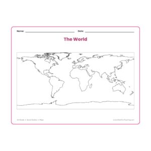 3rd Grade blank world map worksheet for labeling and coloring the seven continents