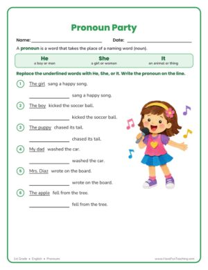 Pronoun Party worksheet - replace the underlined naming words with the pronouns He, She, or It.