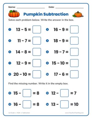 1st Grade pumpkin subtraction worksheet within 20