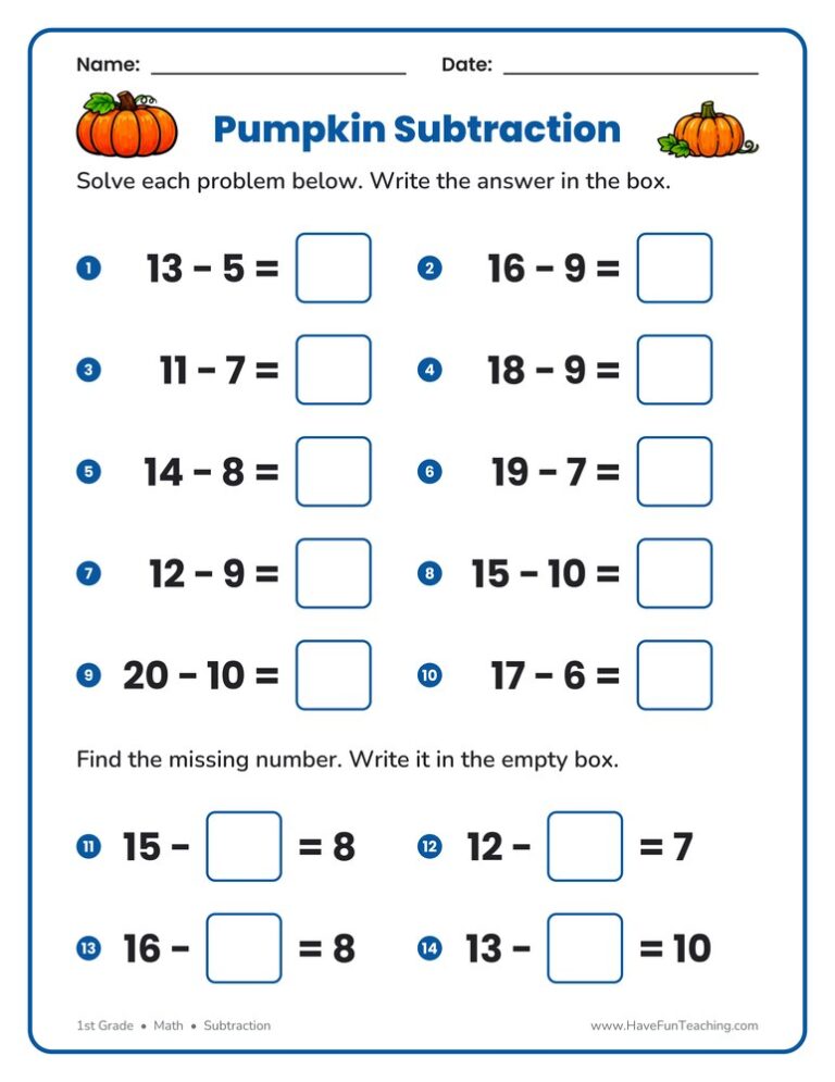 Pumpkin Subtraction Worksheet