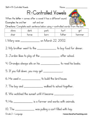R-Controlled Vowels Fill in the Blanks Worksheet