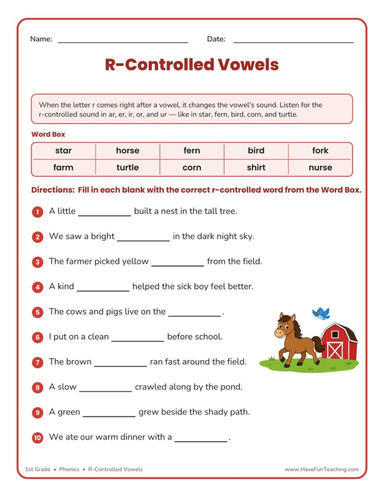 R-Controlled Vowels Fill in the Blanks Worksheet