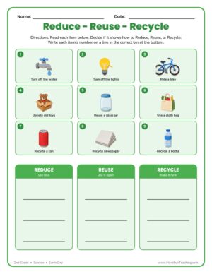 Reduce, Reuse, Recycle Sorting Worksheet for 2nd grade Earth Day science, answer key included