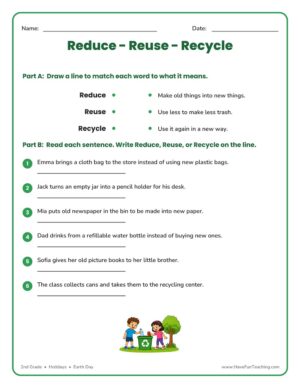 Reduce, Reuse, Recycle worksheet for 2nd grade Earth Day with matching and sorting activities