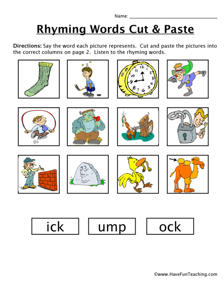 Rhyming Words -ick, -ock, -ump Cut and Paste Worksheet