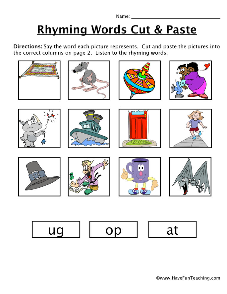 Rhyming Words -ug, -op, -at Cut and Paste Worksheet