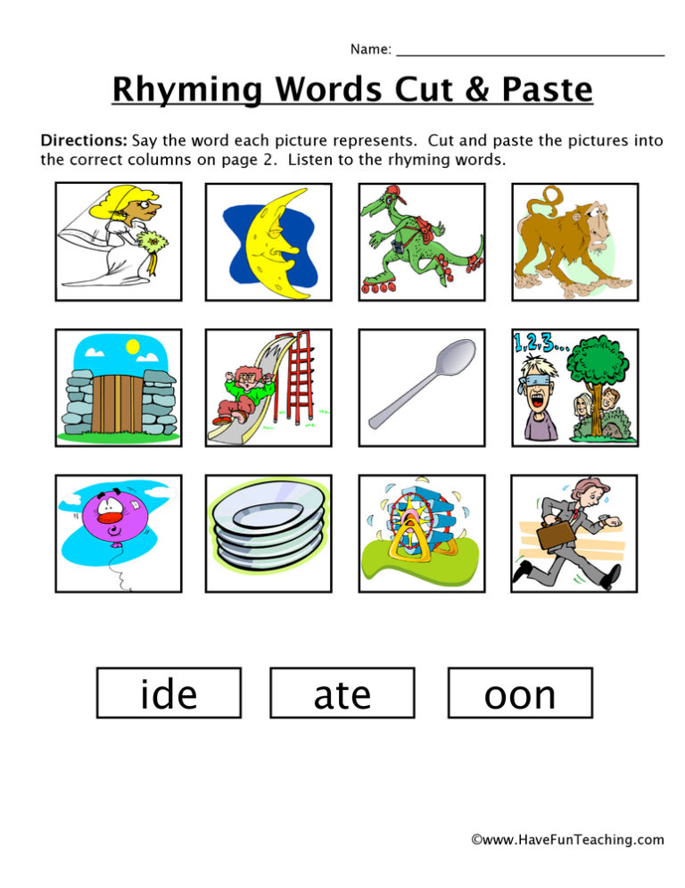 Rhyming Words -ide, -ate, -oon Cut and Paste Worksheet