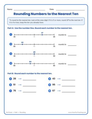 3rd grade rounding to the nearest ten worksheet with number lines