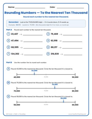 Rounding to the Nearest Ten Thousand worksheet for 4th grade math with number lines