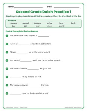 Second Grade Sight Words A to D worksheet with Dolch words fill-in-the-blank sentences and a sight word search