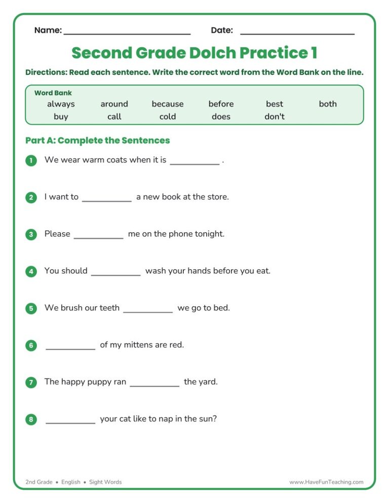Second Grade Sight Words A to D Worksheet