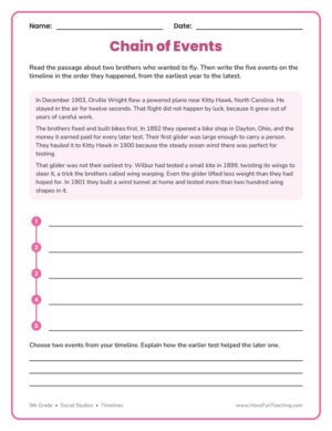 5th Grade vertical timeline worksheet for ordering events in history