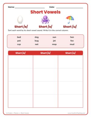 E, O, U short vowels worksheet with a word bank and three-column sort chart for short e, o, and u sounds