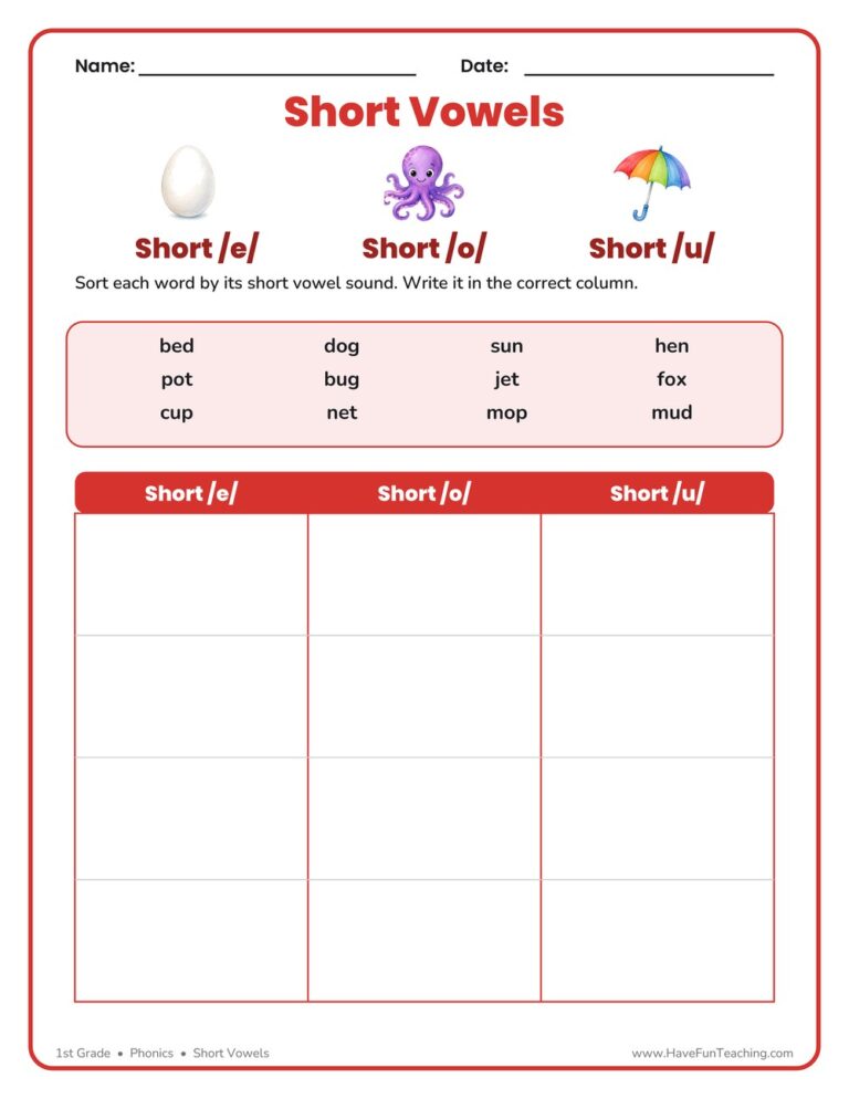 E, O, U Short Vowels Worksheet
