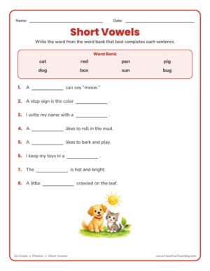 Short vowels worksheet for 1st grade with a word bank and a dog, cat, and sun scene