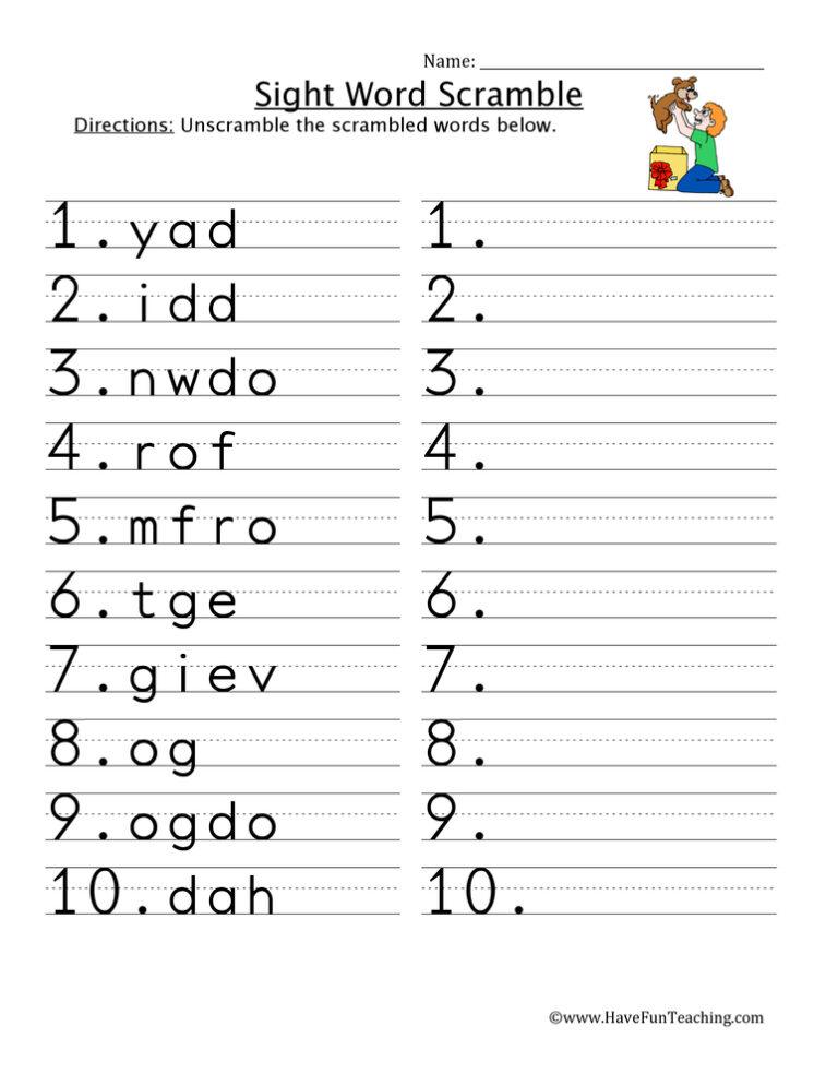 Scrambled Sight Word Worksheet