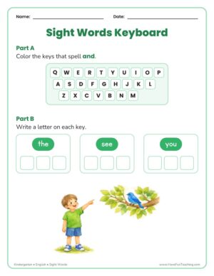 Kindergarten sight words worksheet with a printable keyboard to color and type on