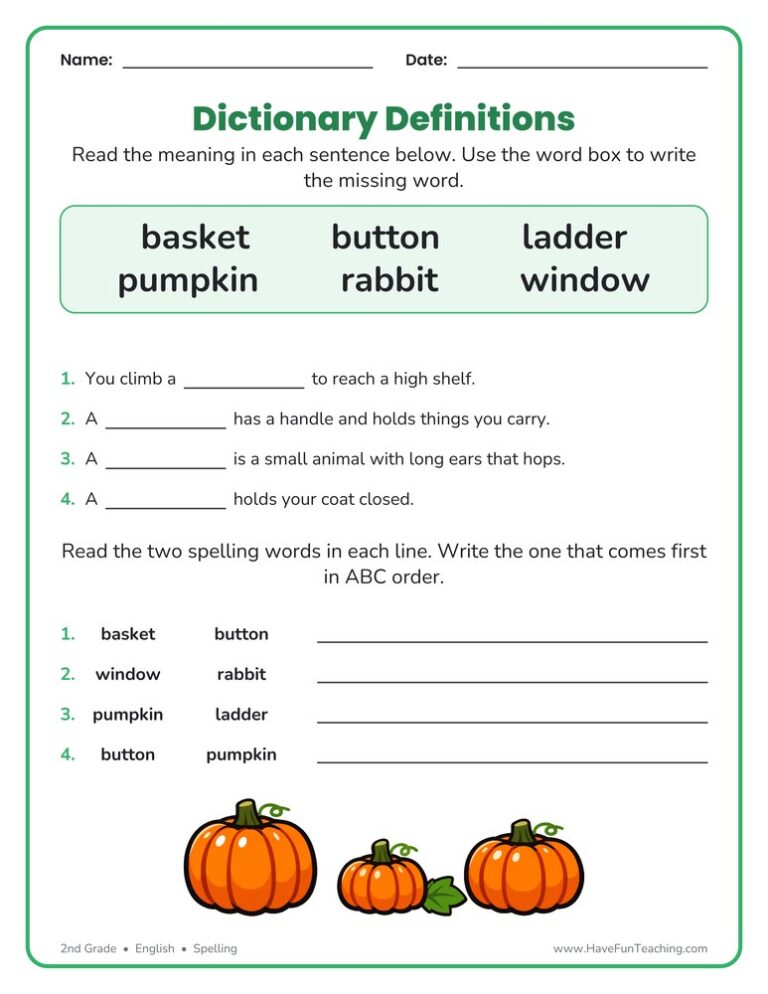 Spelling Word Definitions Worksheet