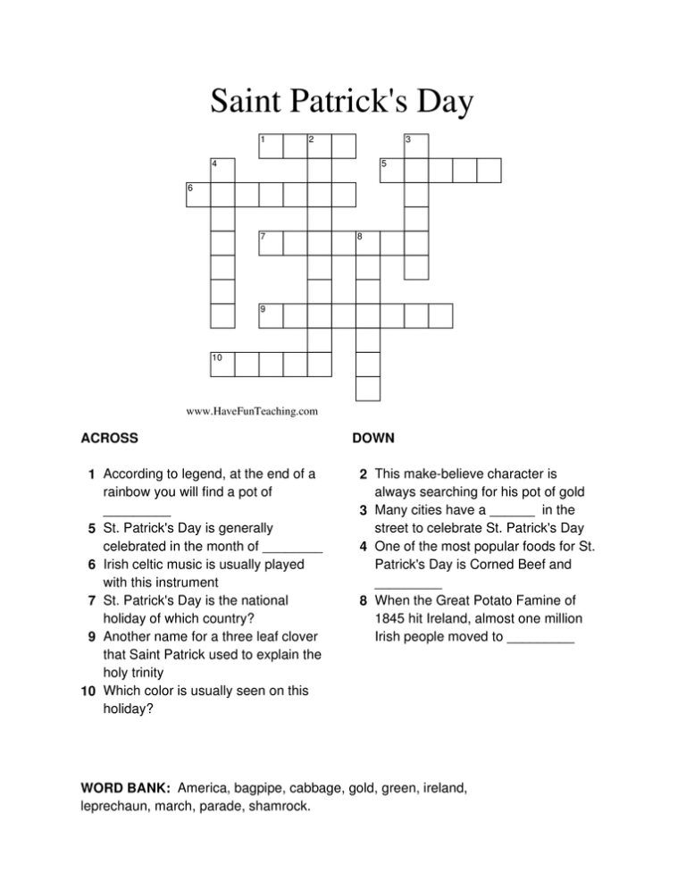 St. Patrick's Day Crossword Puzzle Worksheet