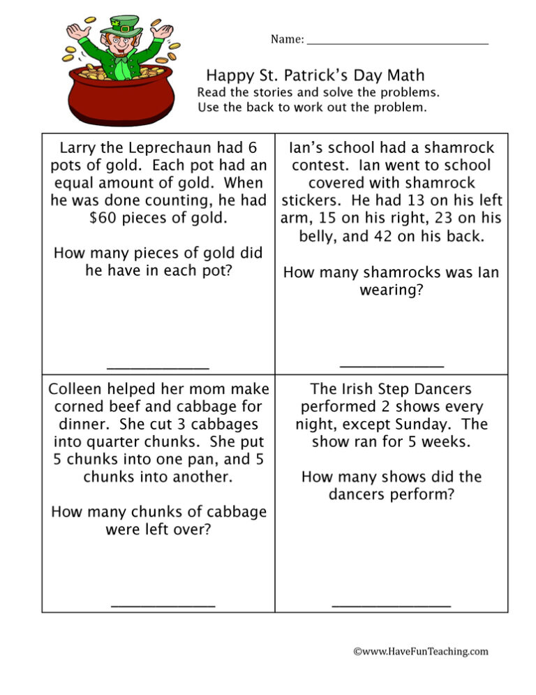 St. Patrick's Day Math Worksheet