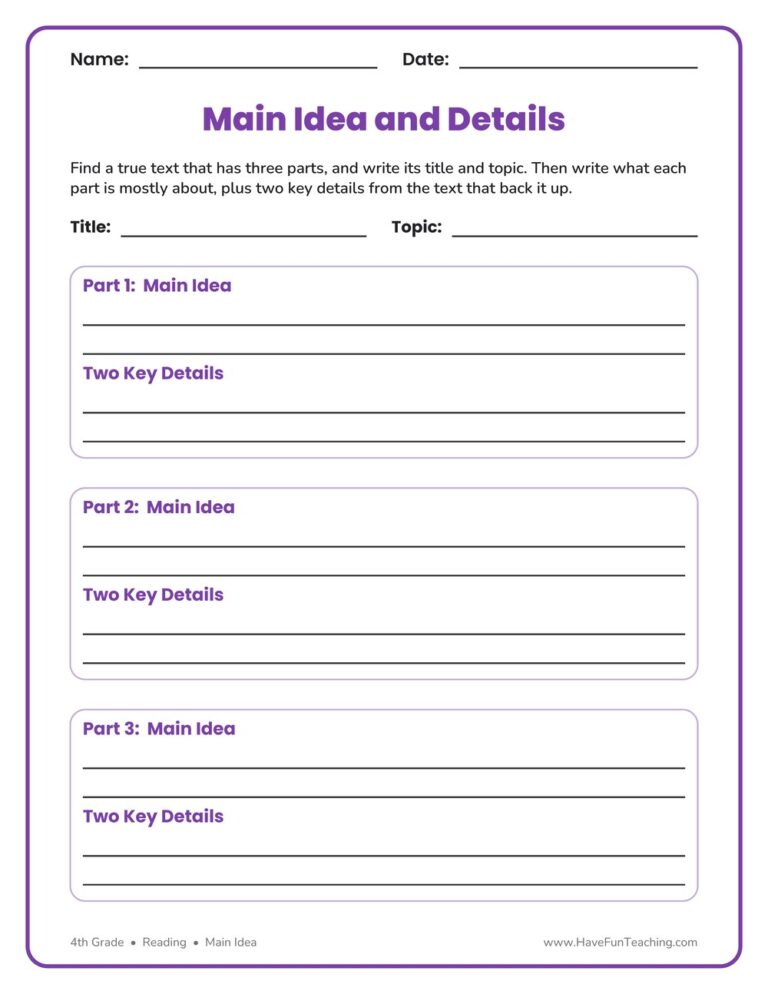 Main Idea and Details Graphic Organizer
