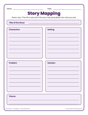 Story Mapping graphic organizer worksheet with boxes for characters, setting, problem, solution, and theme