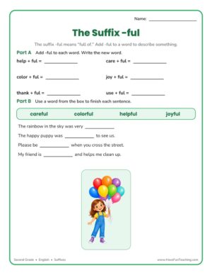Second grade suffix -ful worksheet adding -ful to base words