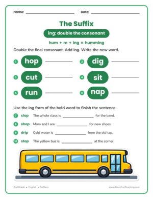 2nd Grade adding ing suffix worksheet, double the consonant
