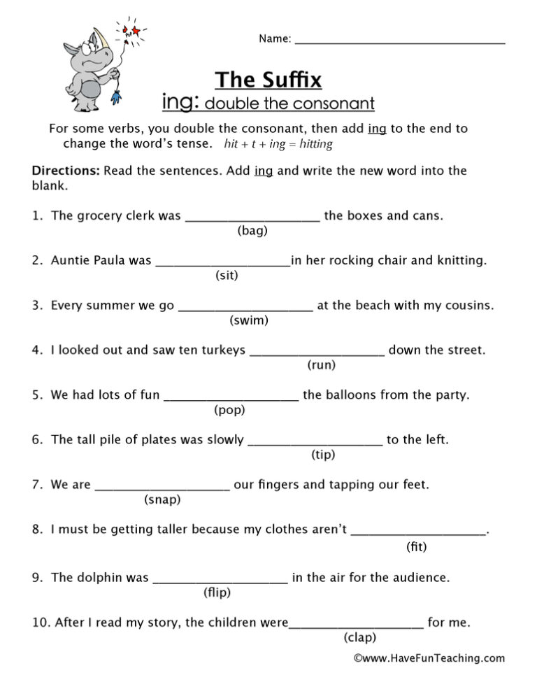 Adding ING Suffix Worksheet