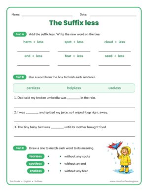 2nd Grade suffix -less worksheet