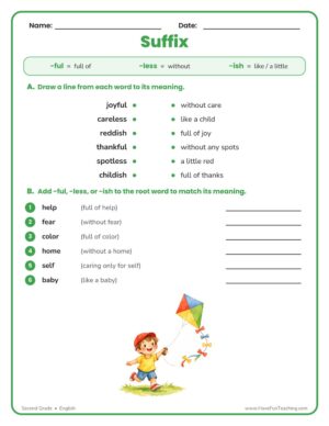 Matching Suffix Worksheet for 2nd grade with the suffixes -ful, -less, and -ish