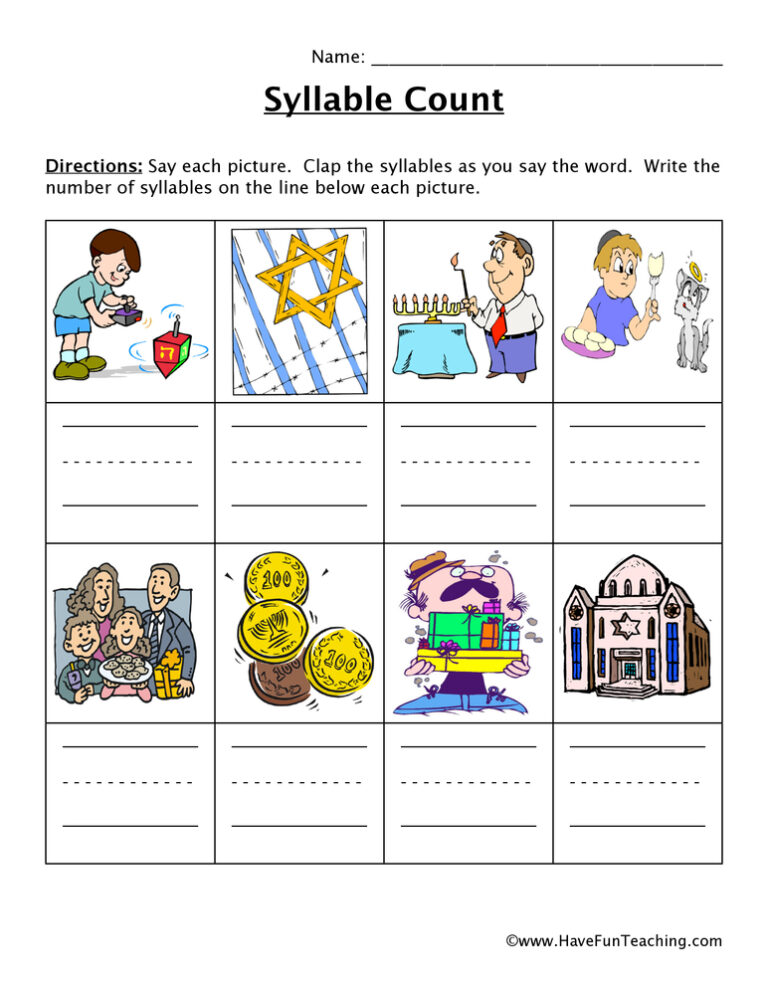 Hanukkah Words Syllable Worksheet