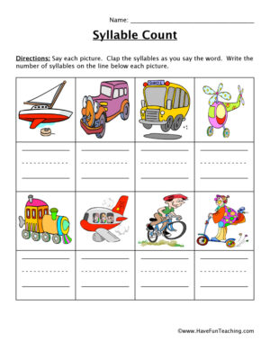 Transportation Syllable Worksheet
