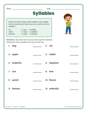 1st grade syllables worksheet for counting syllables in words