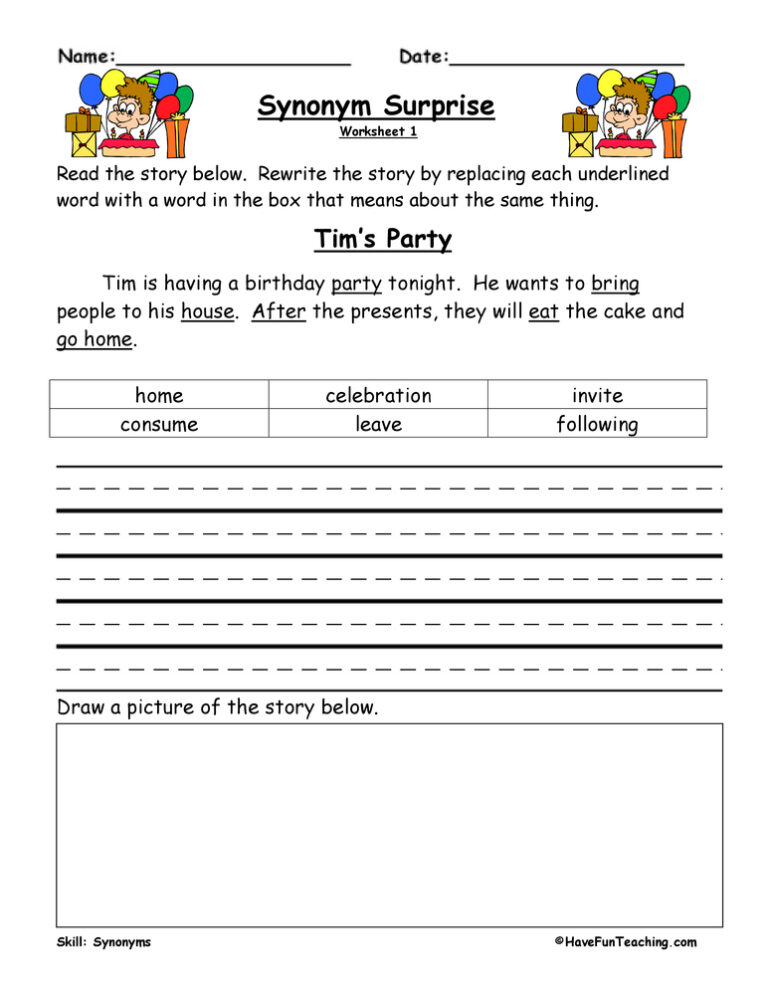 Synonym Surprise Worksheet