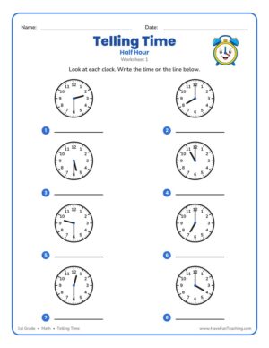 Telling Time to the Half Hour worksheet with analog clocks for 1st grade students to read and write the time