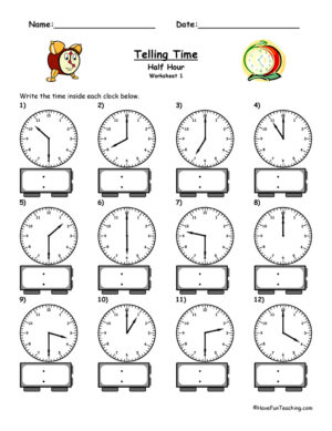 Telling Time To The Half Hour Worksheet